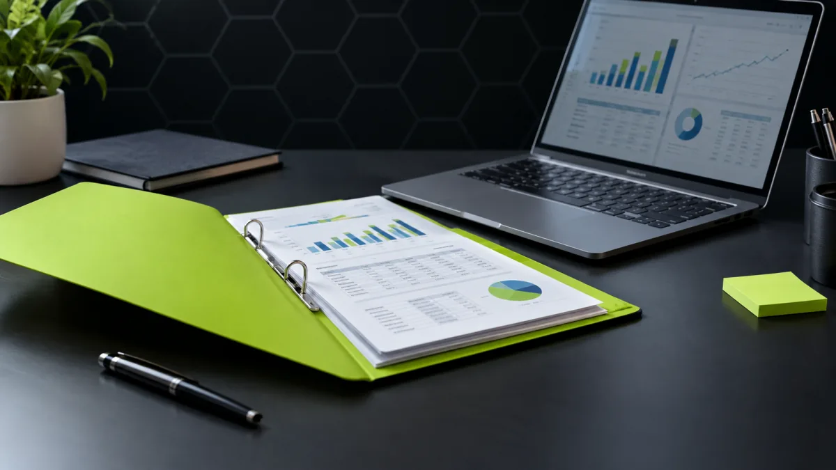 Bureau d'un dirigeant d'organisme de formation : un dossier vert lime ouvert sur des tableaux de chiffres, à côté d'un ordinateur portable allumé.
