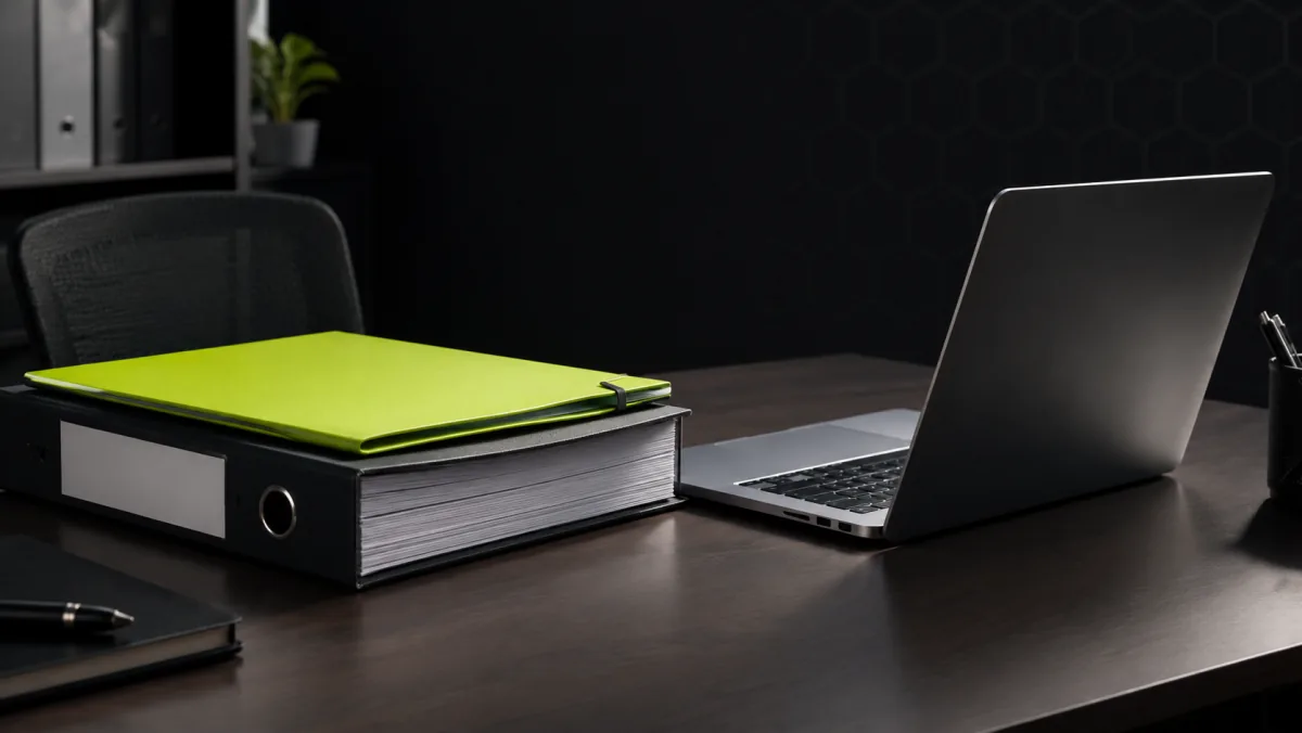 Bureau sombre d'un dirigeant d'organisme de formation, un dossier vert lime refermé posé sur un classeur, un ordinateur portable éteint à côté.