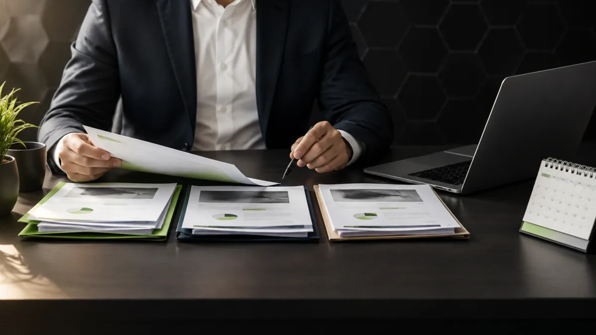 Dirigeant comparant plusieurs propositions d'audit sur un bureau sombre, chemise verte ouverte et calendrier posé à côté de son ordinateur portable