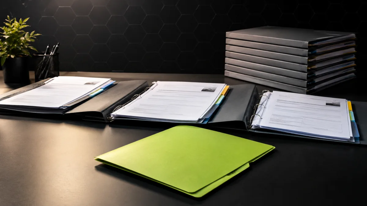 Table de travail avec plusieurs dossiers stagiaires ouverts côte à côte, une pile de chemises identiques et une chemise cartonnée vert lime tirée du lot