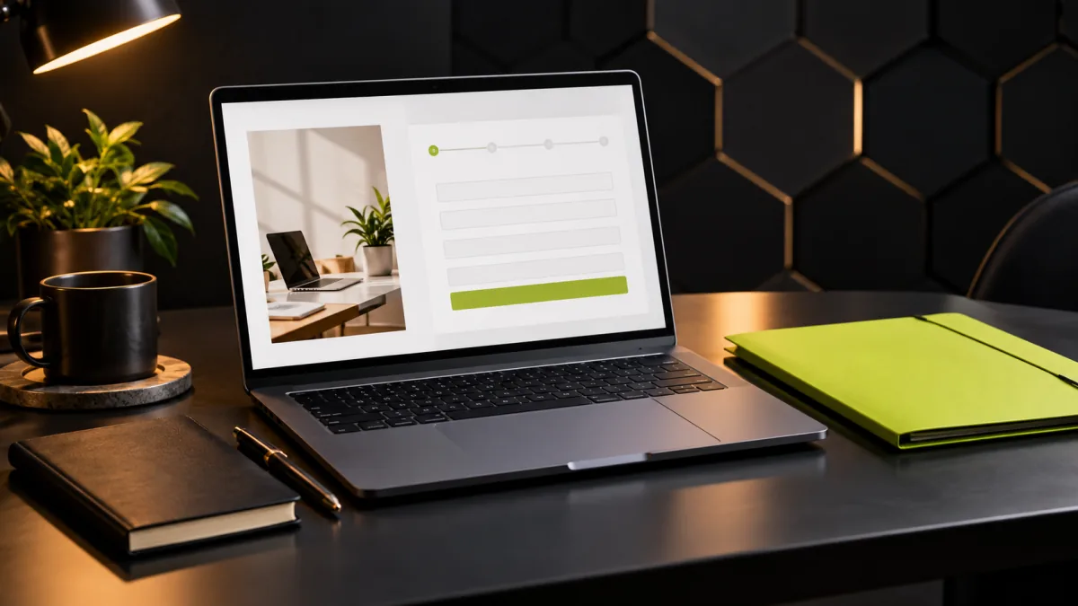 Ordinateur portable ouvert sur une page d'inscription à une formation en ligne, posé sur un bureau avec un carnet et une chemise cartonnée vert lime
