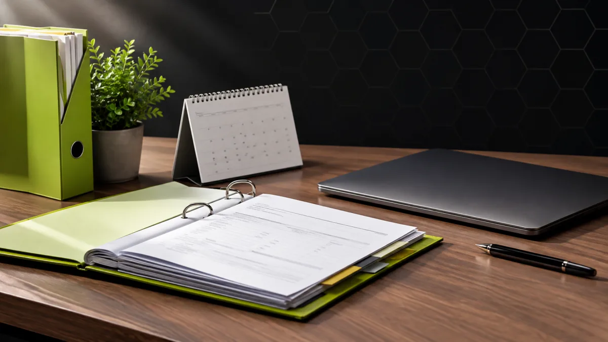 Un dossier de déclaration d'activité posé sur un bureau sombre, une chemise vert lime et un calendrier ouvert à côté d'un ordinateur portable.