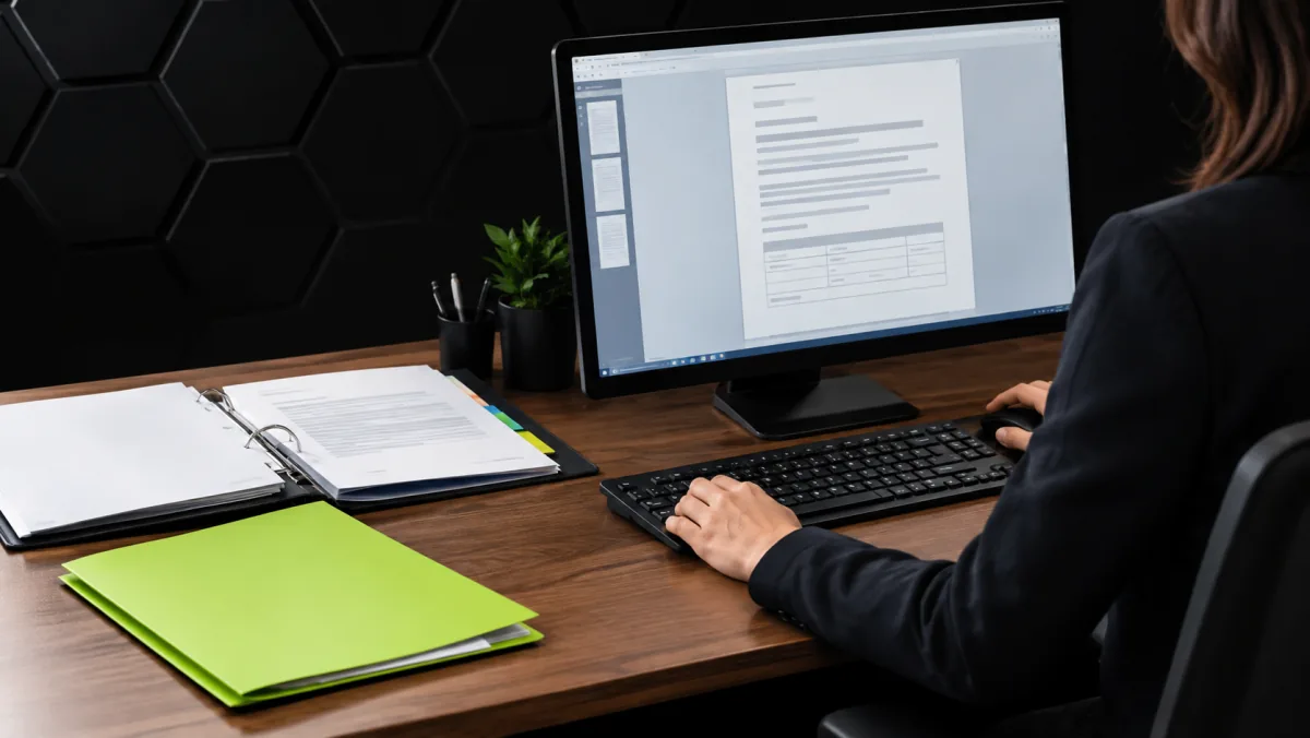 Gestionnaire de formation devant un écran affichant un dossier de formation, un dossier vert lime et un classeur ouverts sur un bureau sombre