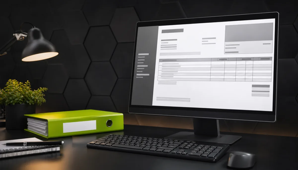 Bureau d'un organisme de formation, écran affichant une facture, dossier vert lime posé près d'un clavier, lumière douce