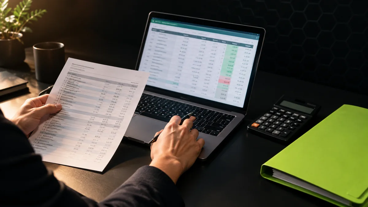 Un dirigeant d'organisme de formation vérifie un relevé bancaire et un tableau de suivi de dossiers CPF sur un bureau sombre, près d'une chemise vert lime