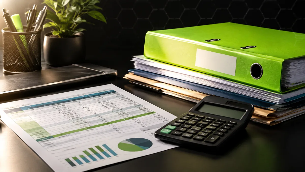 Bureau d'un responsable pédagogique avec une grille tarifaire imprimée, une calculatrice et une chemise verte contenant des dossiers de financement