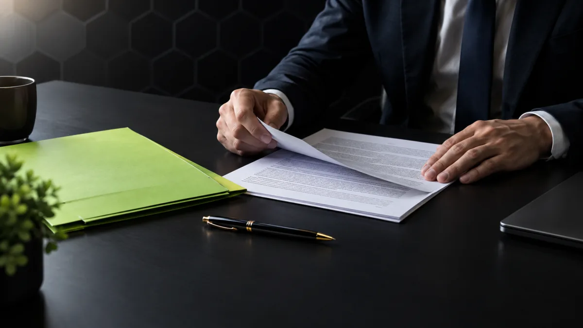 Un dirigeant relit une convention de formation posée sur un bureau sombre, à côté d'une chemise vert lime et d'un stylo