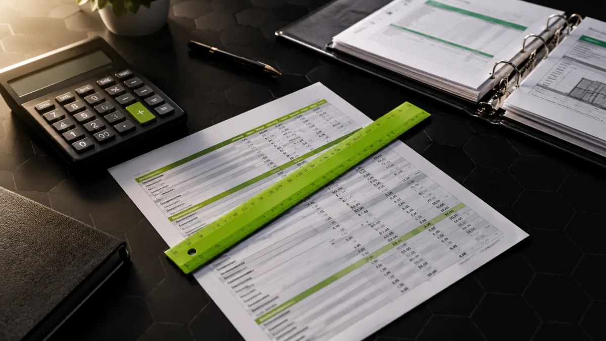 Bureau avec une grille tarifaire imprimée, une calculatrice, un classeur de devis et une règle vert lime posée en travers de la feuille