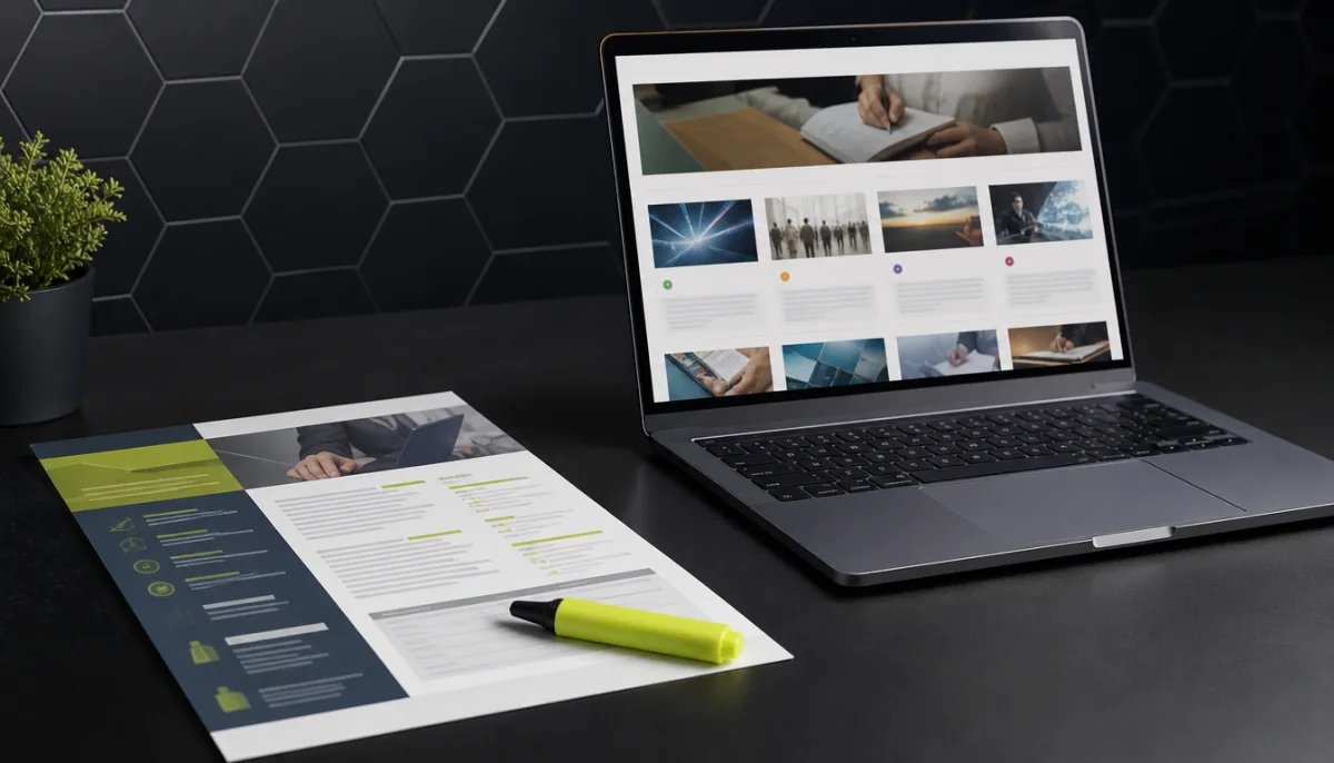 Bureau d'un organisme de formation avec une fiche programme imprimée, un ordinateur portable ouvert sur un catalogue et un surligneur posé sur les tarifs
