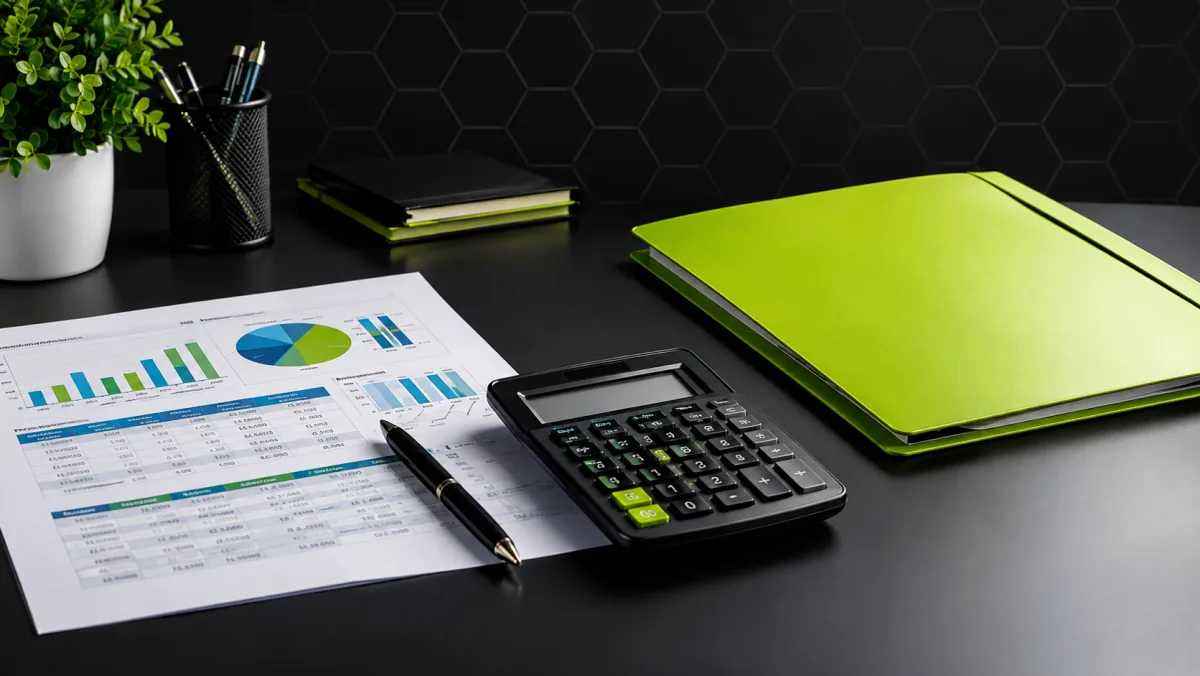 Bureau d'un responsable de formation avec un tableau de résultats imprimé, une calculatrice et une chemise vert lime posés côte à côte.