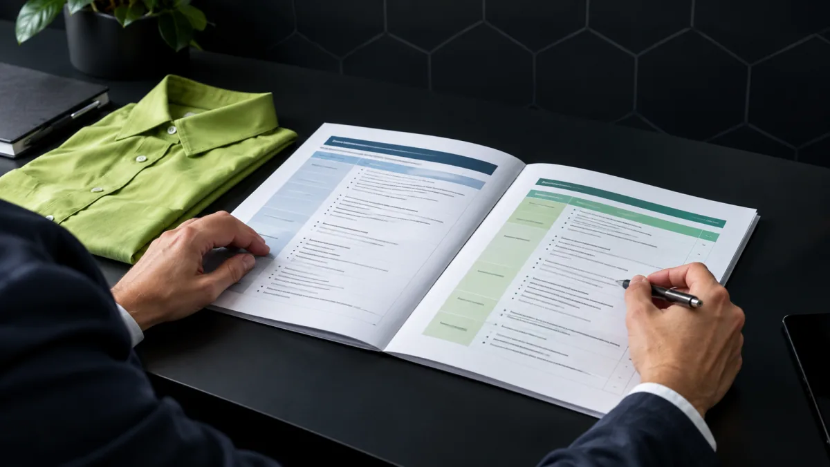 Un responsable pédagogique compare le référentiel d'une certification professionnelle et le programme d'une formation, une chemise vert lime posée sur le bureau.