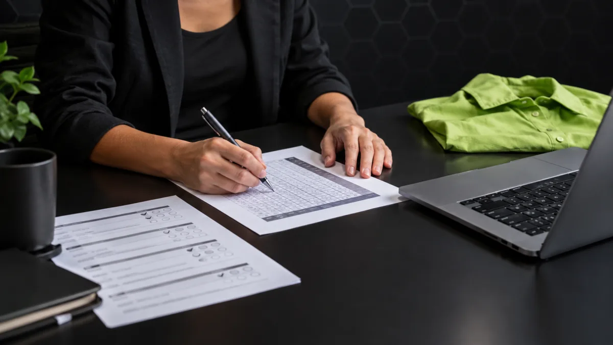 Une formatrice remplit une grille de positionnement à côté d'un questionnaire d'entrée rempli par un stagiaire, une chemise vert lime posée sur le bureau.