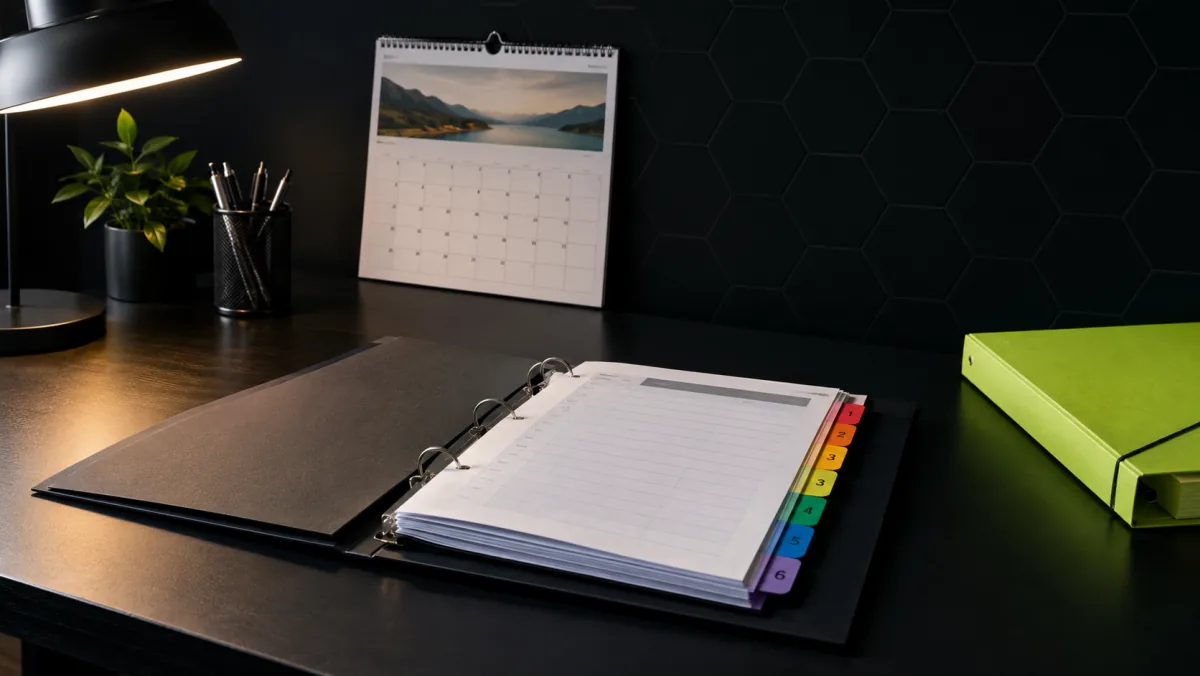 Un dossier de preuves ouvert sur un bureau sombre, des intercalaires numérotés et un calendrier posé à côté, dans la préparation d'un audit qualité