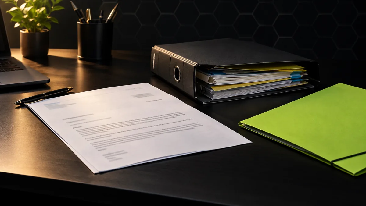 Bureau de direction d'un organisme de formation avec un courrier administratif ouvert, un classeur de dossiers stagiaires et une chemise cartonnée vert lime