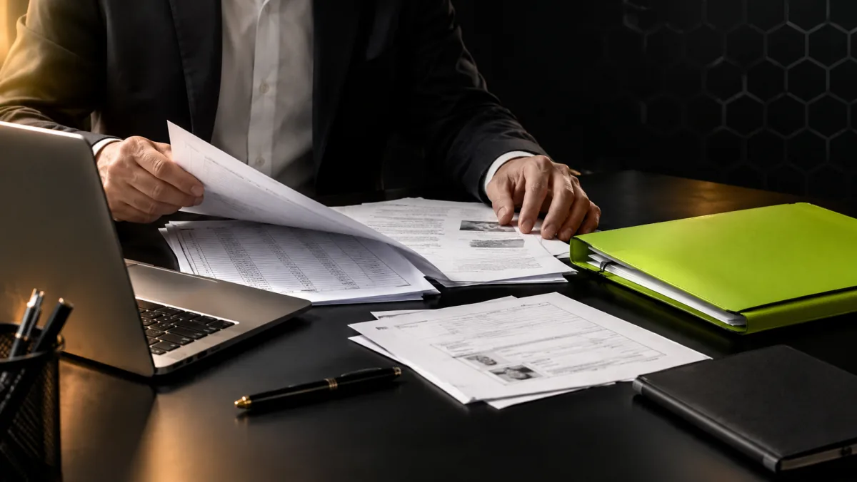 Un dirigeant d'organisme de formation trie des justificatifs d'assiduité devant un ordinateur portable, sur un bureau sombre avec une chemise vert lime